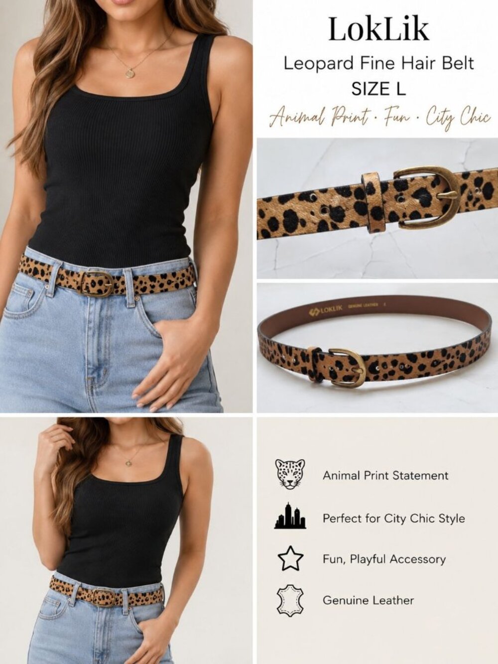 LokLik Leopard Fine Hair Belted Size L Aminal Print Fun Modern City Chic Casual